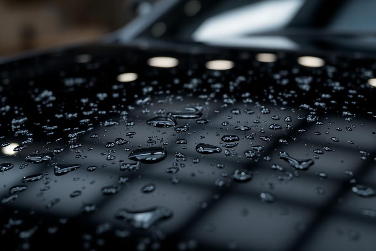Water beading on a freshly ceramic coated black hood